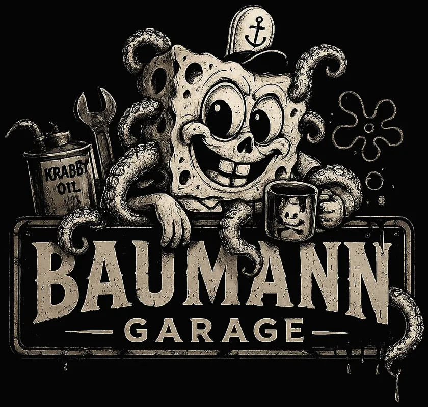 Logo Baumann Garage: chobotnice v námořnické čepici s klíčem a konvičkou oleje nad plechovou cedulí s nápisem Baumann Garage